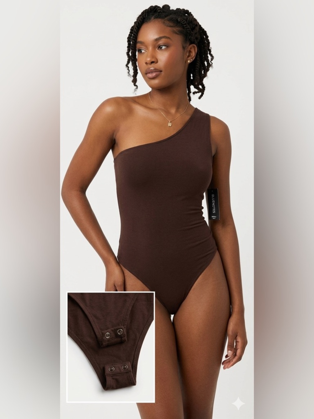 Bluenotes Form One-Shoulder Brown Bodysuit with Button Snap Crotch Small NWT